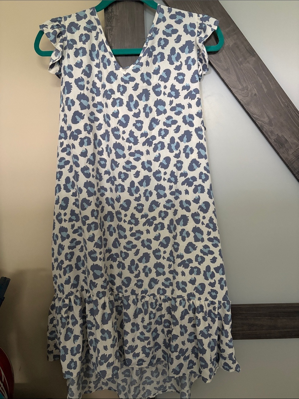 Women's Blue Leopard Print Ruffle-Hem Casual Dress